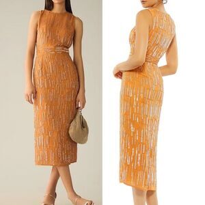 NWT Mac Duggal 70264 Orange Sequined Beaded Sleeveless Sheath Midi Dress 6
